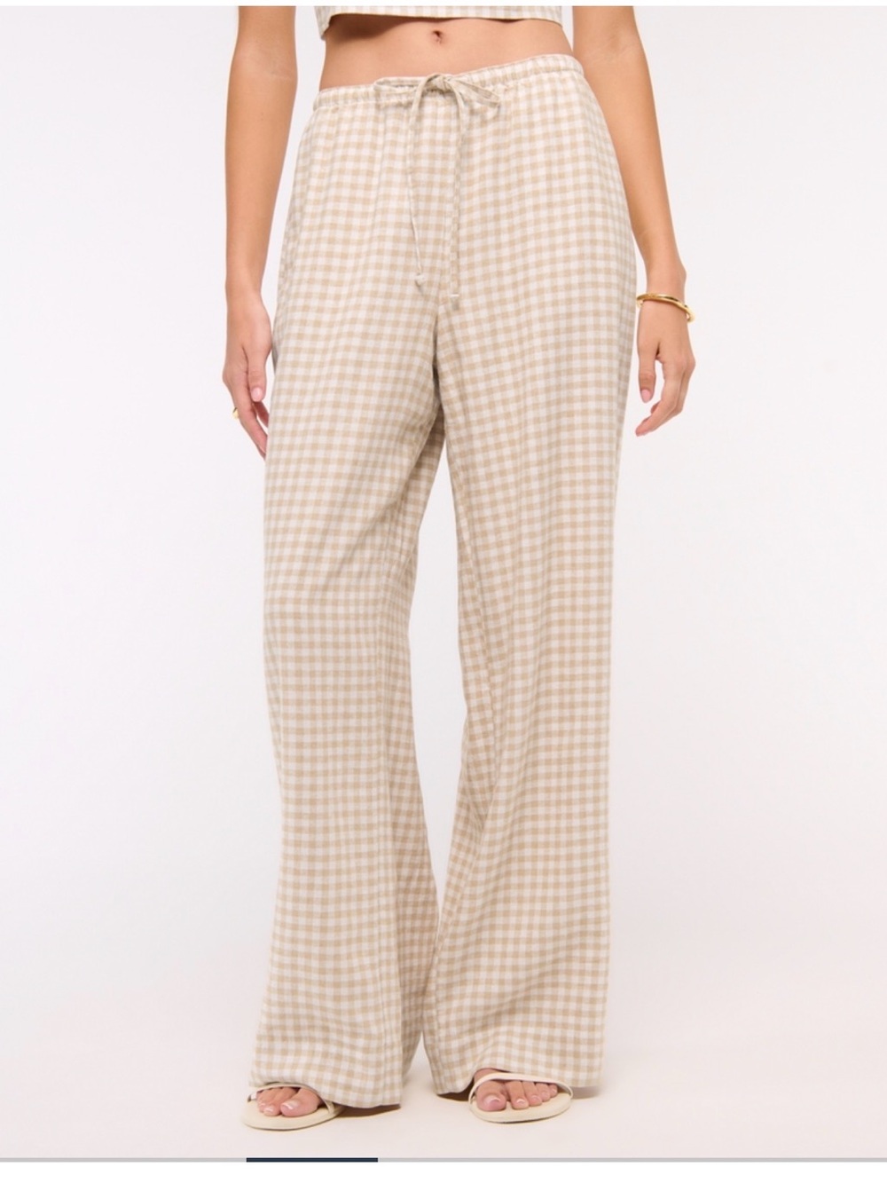 Abercrombie & Fitch Beige Gingham Wide-Leg Drawstring Pants